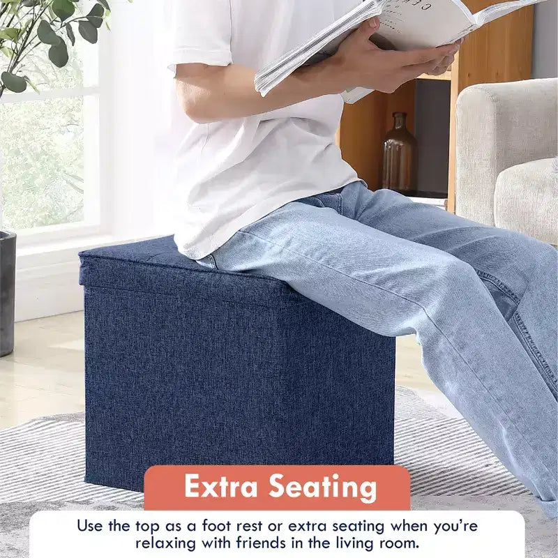 Pouf Contenitore Quadrato Pieghevole da 15" con Coperchio/Vassoio Reversibile – Lino Capitonnè, Multiuso