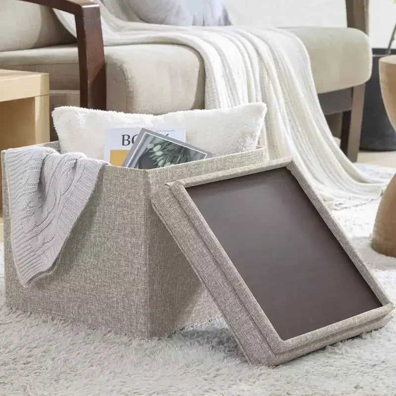Pouf Contenitore Quadrato Pieghevole da 15" con Coperchio/Vassoio Reversibile – Lino Capitonnè, Multiuso