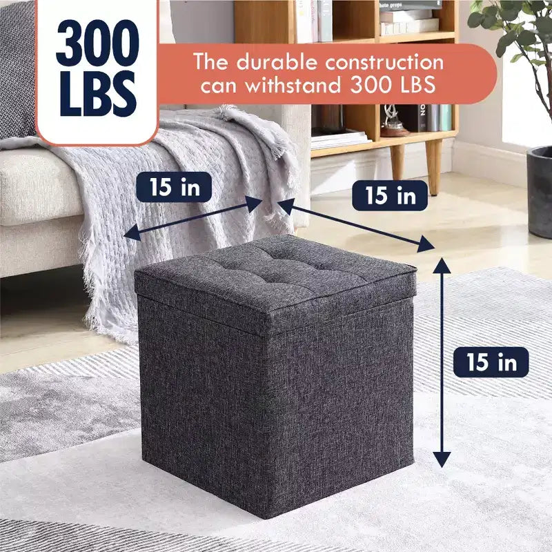Pouf Contenitore Quadrato Pieghevole da 15" con Coperchio/Vassoio Reversibile – Lino Capitonnè, Multiuso