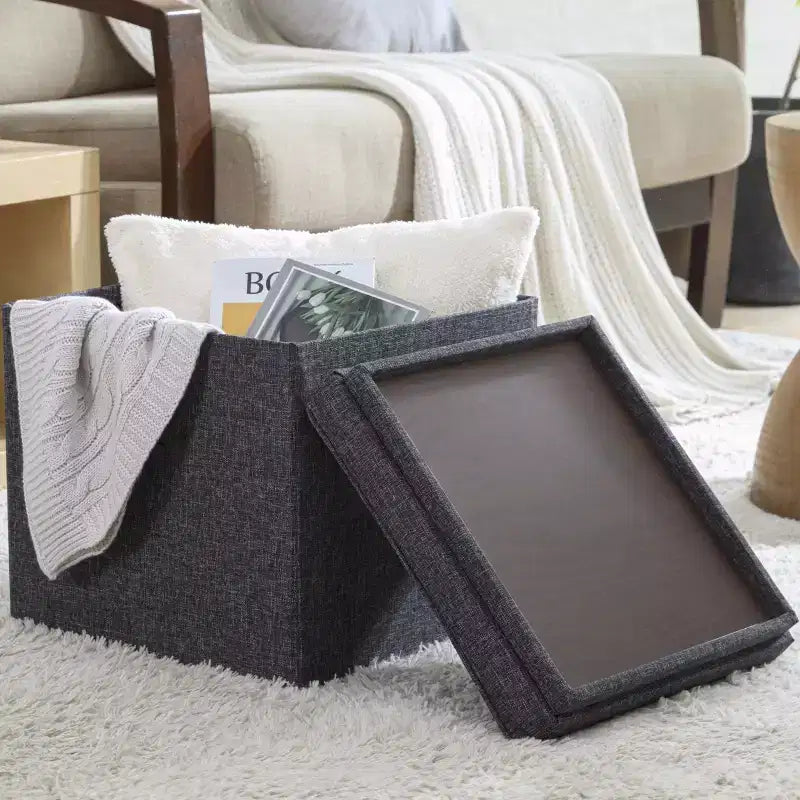 Pouf Contenitore Quadrato Pieghevole da 15" con Coperchio/Vassoio Reversibile – Lino Capitonnè, Multiuso