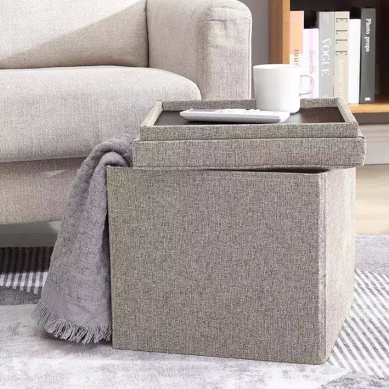 Ornavo Home Collapsible 15 Inch Square Storage Ottoman with Reversible Tray Lid