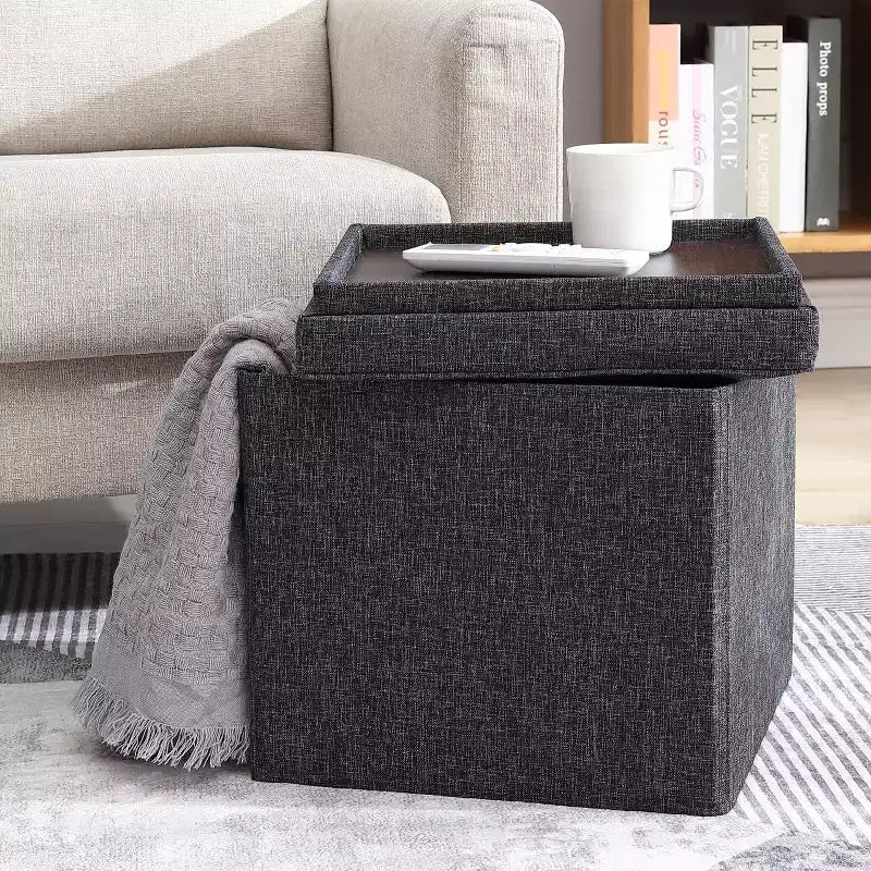 Pouf Contenitore Quadrato Pieghevole da 15" con Coperchio/Vassoio Reversibile – Lino Capitonnè, Multiuso