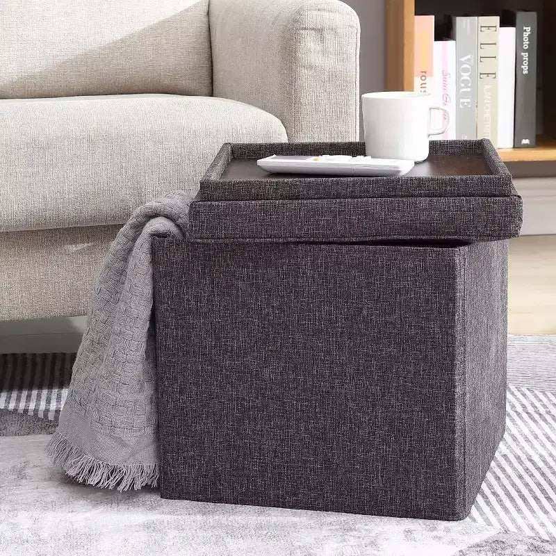 Pouf Contenitore Quadrato Pieghevole da 15" con Coperchio/Vassoio Reversibile – Lino Capitonnè, Multiuso