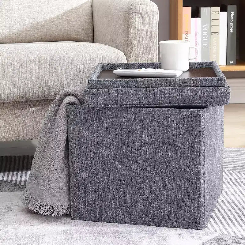 Pouf Contenitore Quadrato Pieghevole da 15" con Coperchio/Vassoio Reversibile – Lino Capitonnè, Multiuso