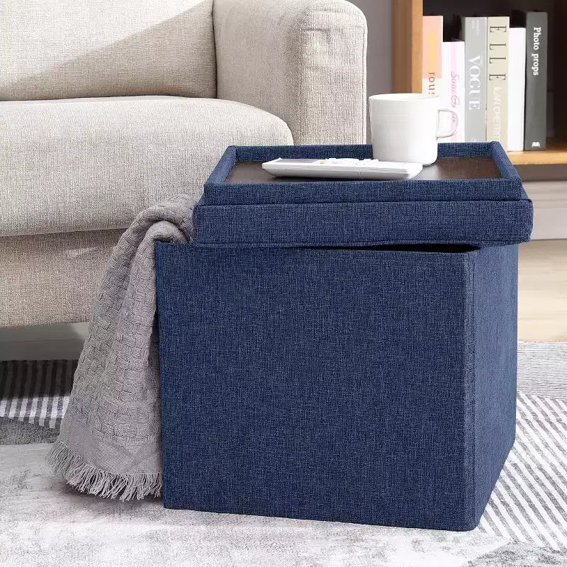 Pouf Contenitore Quadrato Pieghevole da 15" con Coperchio/Vassoio Reversibile – Lino Capitonnè, Multiuso