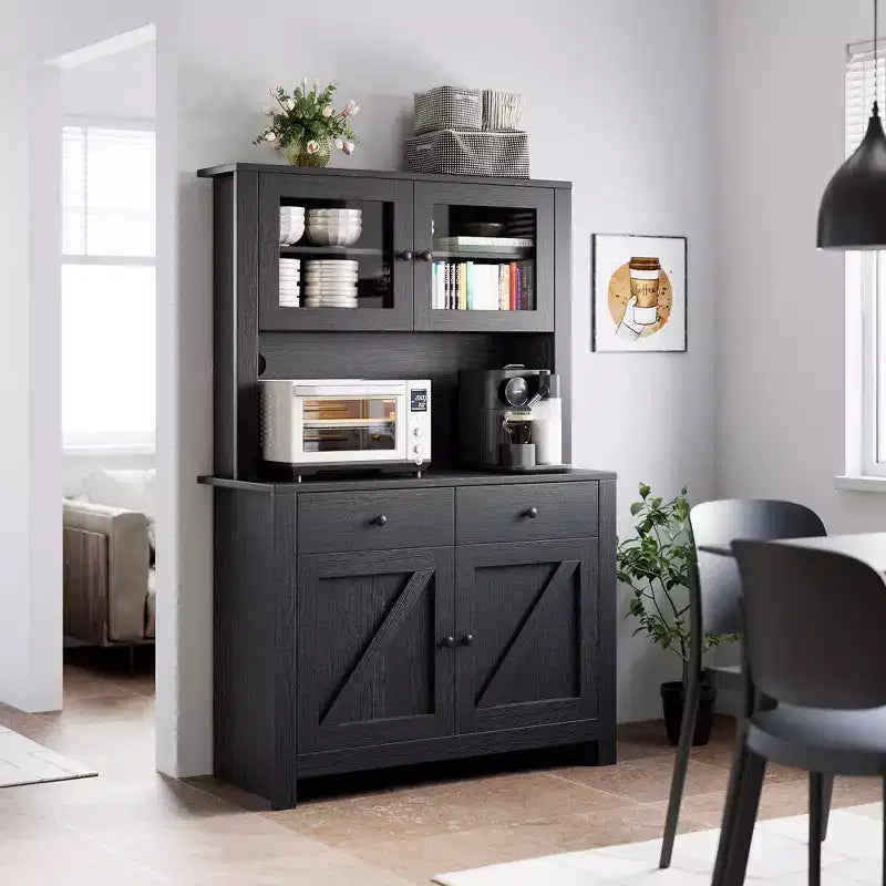 Kitchen Pantry Cabinet with Microwave Stand - Freestanding Storage Hutch with 4 Doors & Adjustable Shelves