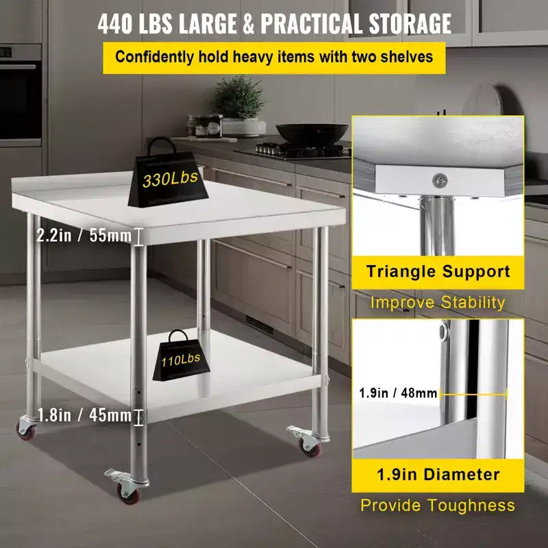 Tavolo da preparazione in acciaio inossidabile 36"x24" – Capacità 200 kg, Paraspruzzi, Ripiano regolabile, Ruote