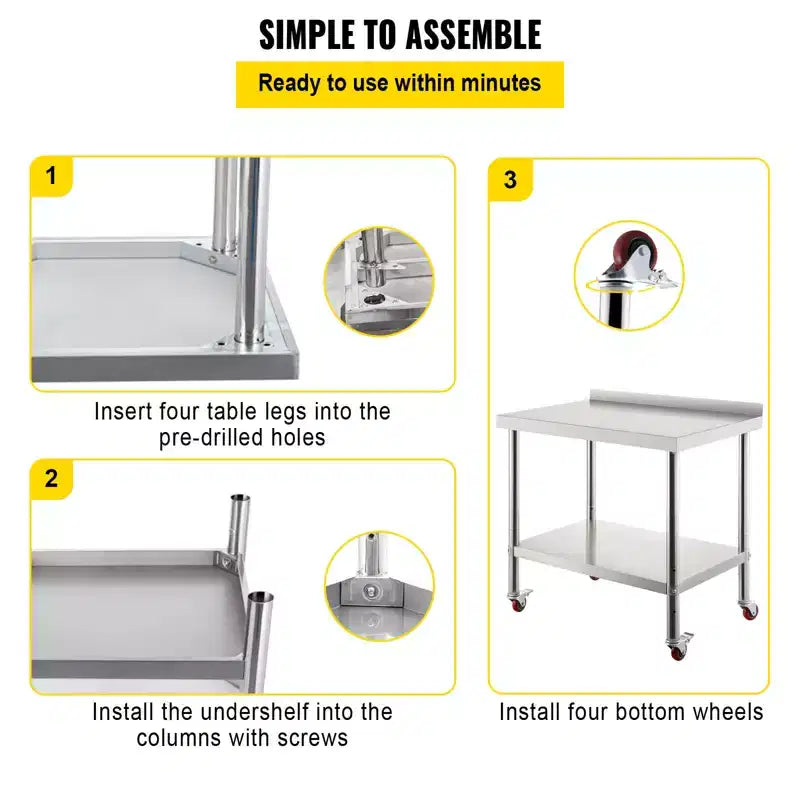 Tavolo da preparazione in acciaio inossidabile 36"x24" – Capacità 200 kg, Paraspruzzi, Ripiano regolabile, Ruote