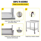 Tavolo da preparazione in acciaio inossidabile 36"x24" – Capacità 200 kg, Paraspruzzi, Ripiano regolabile, Ruote