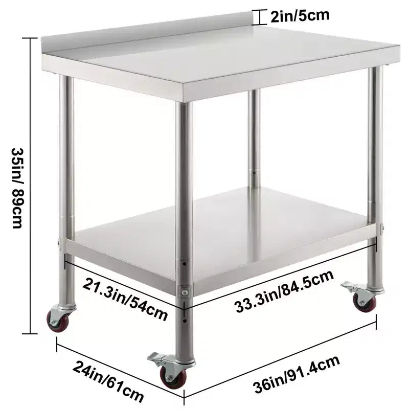 Tavolo da preparazione in acciaio inossidabile 36"x24" – Capacità 200 kg, Paraspruzzi, Ripiano regolabile, Ruote