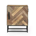 Comodino Boho fatto a mano in legno riciclato – Base in ferro, design a doghe a zig-zag, 57,7 cm H