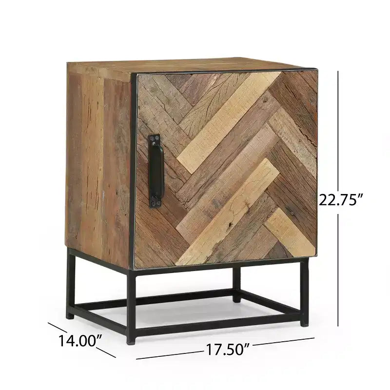 Comodino Boho fatto a mano in legno riciclato – Base in ferro, design a doghe a zig-zag, 57,7 cm H