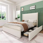 Upholstered Platform Bed Frame with Storage Drawers  Corduroy Tufted Headboard