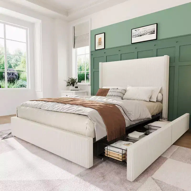 Upholstered Platform Bed Frame with Storage Drawers  Corduroy Tufted Headboard