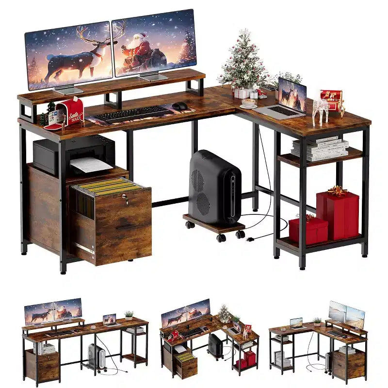 L-Shaped Desk Computer Desk - with Power Strip, Reversible Gaming Workstation, Monitor Stands, Adjustable Shelf & File Drawer