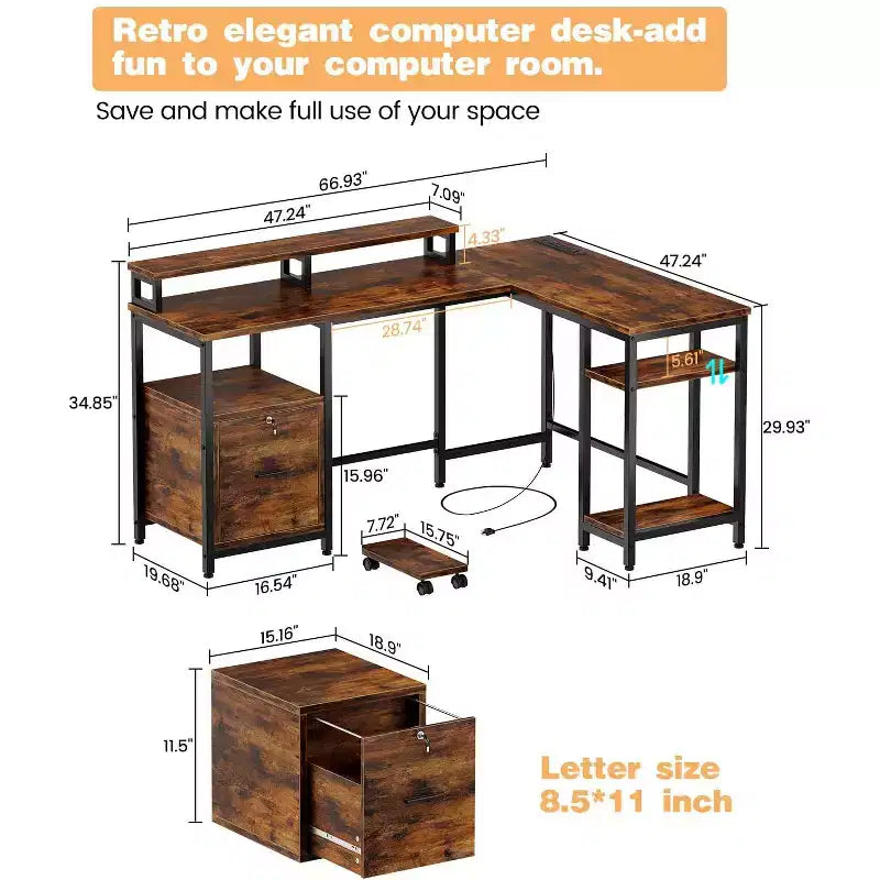 Scrivania angolare per computer - con ciabatta elettrica, postazione da gioco reversibile, supporti per monitor, ripiano regolabile e cassetto portadocumenti