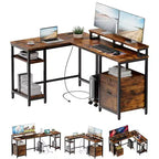 Scrivania angolare per computer - con ciabatta elettrica, postazione da gioco reversibile, supporti per monitor, ripiano regolabile e cassetto portadocumenti