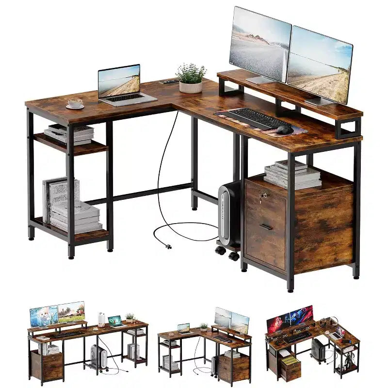 Scrivania angolare per computer - con ciabatta elettrica, postazione da gioco reversibile, supporti per monitor, ripiano regolabile e cassetto portadocumenti