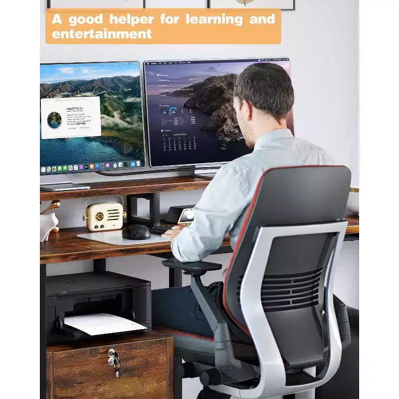Scrivania angolare per computer - con ciabatta elettrica, postazione da gioco reversibile, supporti per monitor, ripiano regolabile e cassetto portadocumenti