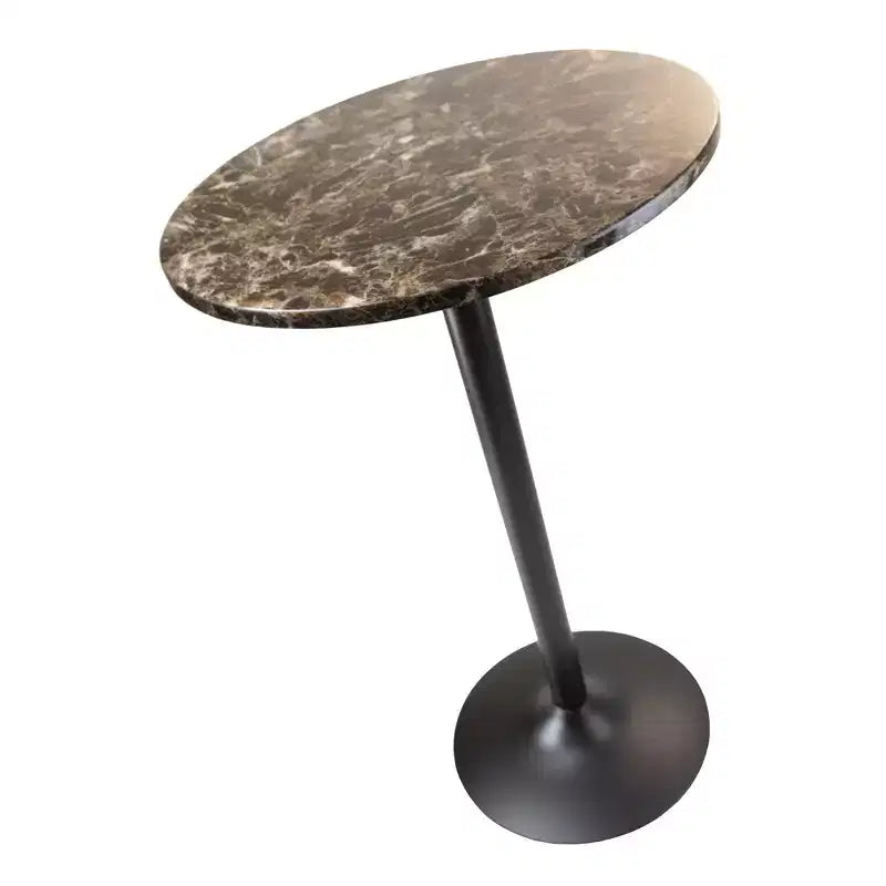 Tavolo rotondo con ripiano in finto marmo, altezza bar – Base a piedistallo in metallo nero, 59,99 cm L, 2 posti