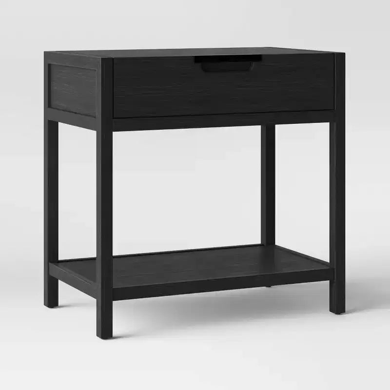 Comodino nero con cassetto e ripiano aperto – Struttura in legno, 66,7 cm H, camera da letto moderna