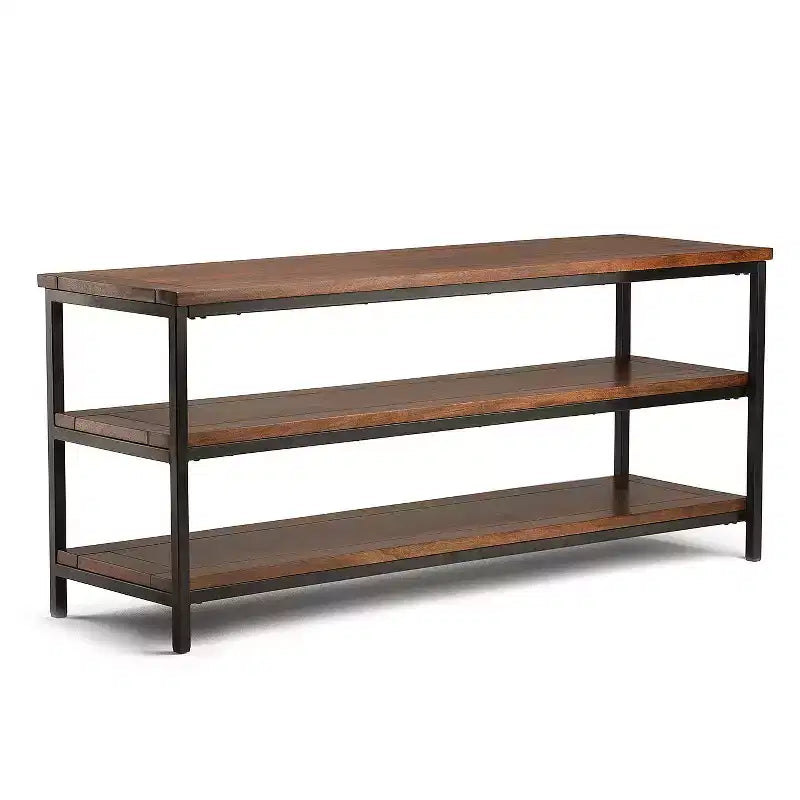Rhonda Solid Mango Wood TV Stand for TVs up to 66" Dark Cognac Brown - WyndenHall: Industrial Style, Open Shelves, Metal Base