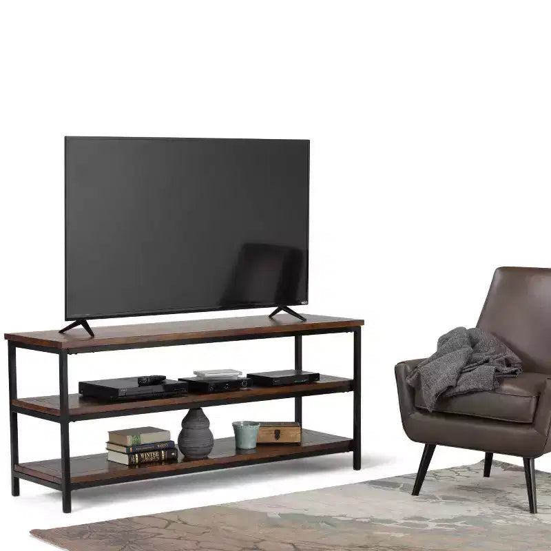 Mobile TV da 60" in Legno Massello di Mango per TV fino a 66" – Marrone Cognac Scuro, Industriale, Base in Metallo