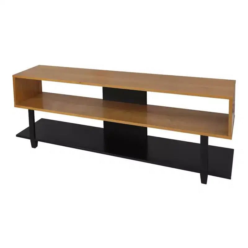 Flora Home Creek with Solid American TV Stand for TVs up to 65" Natural Cherry/Black: Mid-Century Media Console with Open Shelves