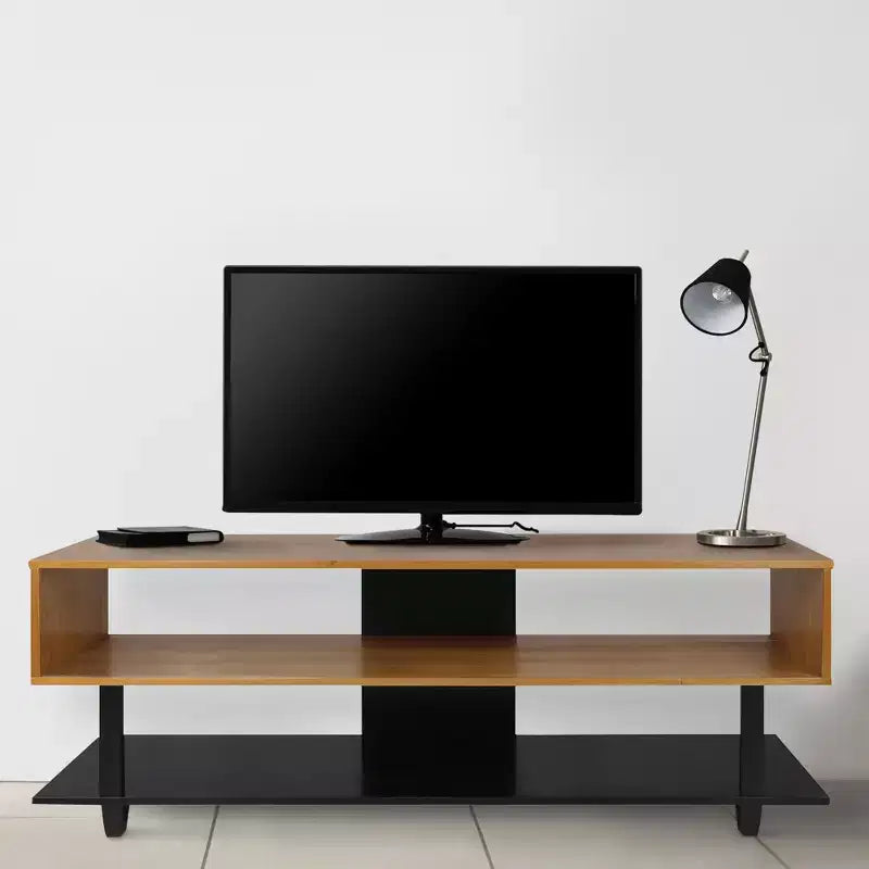 Mobile TV in legno massello di ciliegio da 62" per TV fino a 65" – Metà secolo, 2 ripiani aperti, naturale/nero