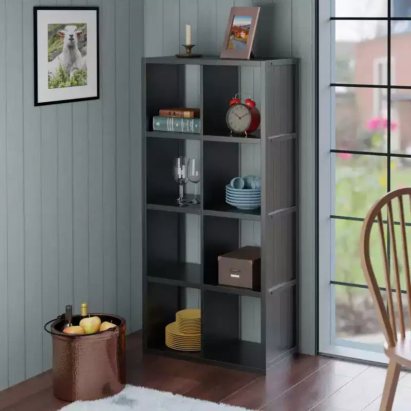 Libreria portaoggetti a cubo nera da 53" 4x2 – 8 scomparti, MDF, ferramenta antiribaltamento
