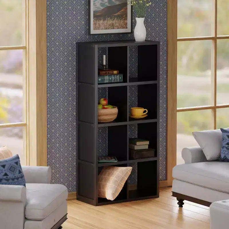 Libreria portaoggetti a cubo nera da 53" 4x2 – 8 scomparti, MDF, ferramenta antiribaltamento