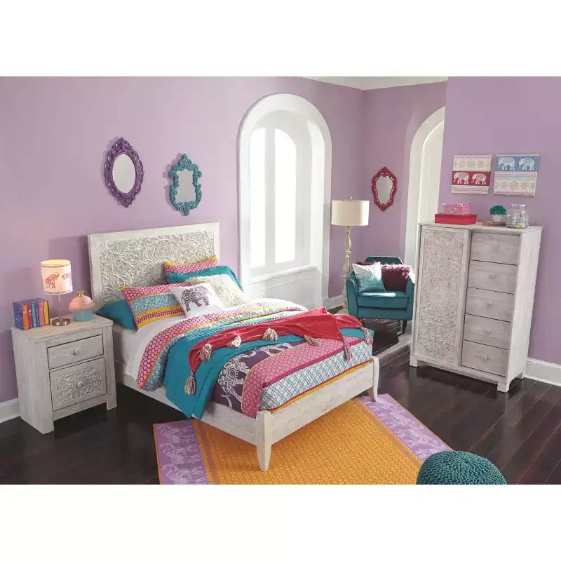 Testata per Pannello Full Size – Finitura Whitewash, Medaglione Intagliato Boho-Chic, Altezza Regolabile