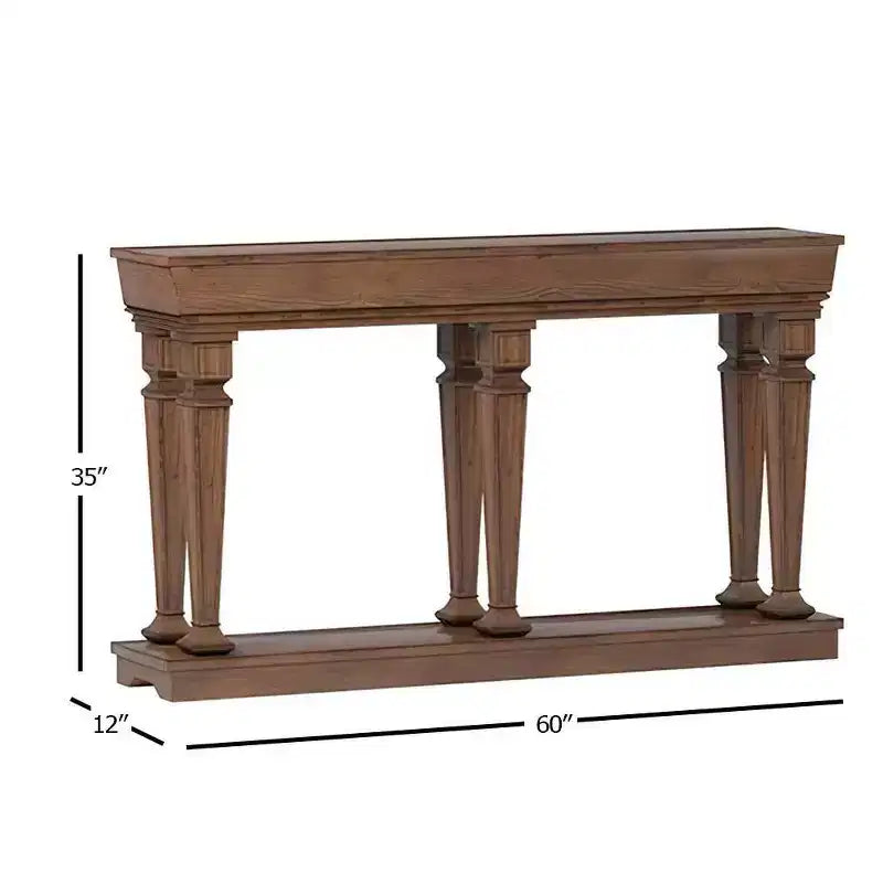Consolle a due ripiani in rovere – 60" L, gambe incise, ripiano aperto, per ingresso e soggiorno