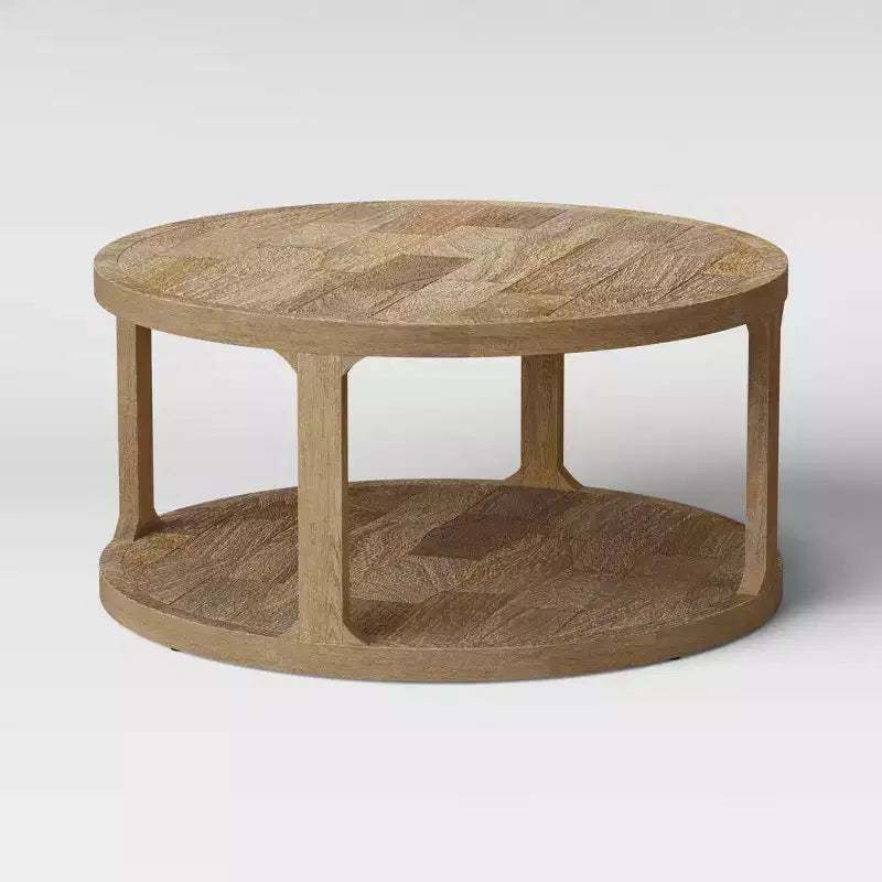 Tavolino da caffè rotondo in legno di mango naturale – Ripiano inferiore aperto, 81 cm di larghezza, finitura neutra rustica
