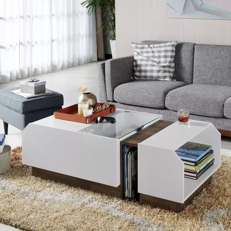 Tavolino da Caffè Moderno Bianco – Piano in Vetro, 2 Ripiani Aperti, Armadietto, 124 cm L