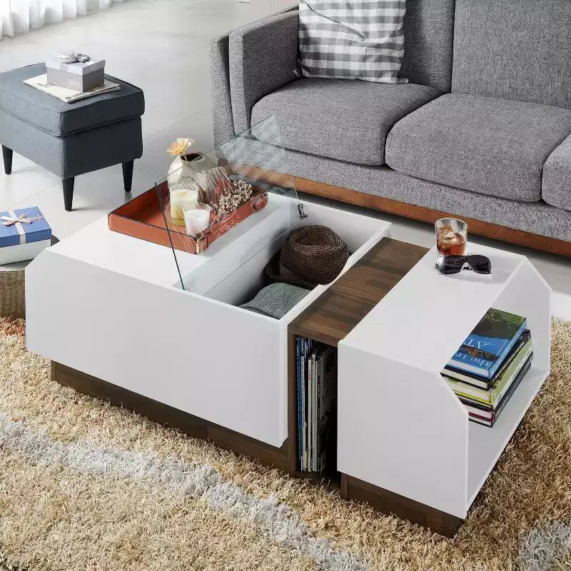 Tavolino da Caffè Moderno Bianco – Piano in Vetro, 2 Ripiani Aperti, Armadietto, 124 cm L