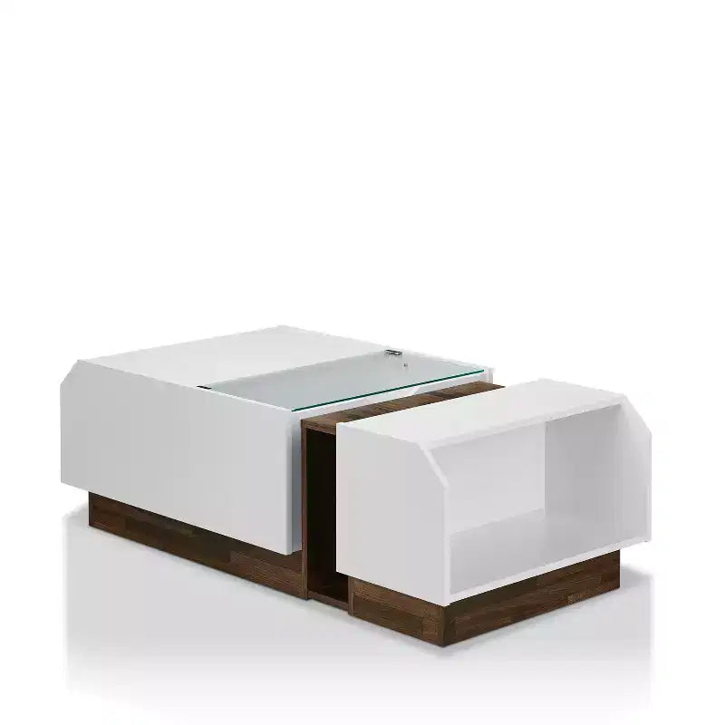 Tavolino da Caffè Moderno Bianco – Piano in Vetro, 2 Ripiani Aperti, Armadietto, 124 cm L