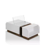 Tavolino da Caffè Moderno Bianco – Piano in Vetro, 2 Ripiani Aperti, Armadietto, 124 cm L