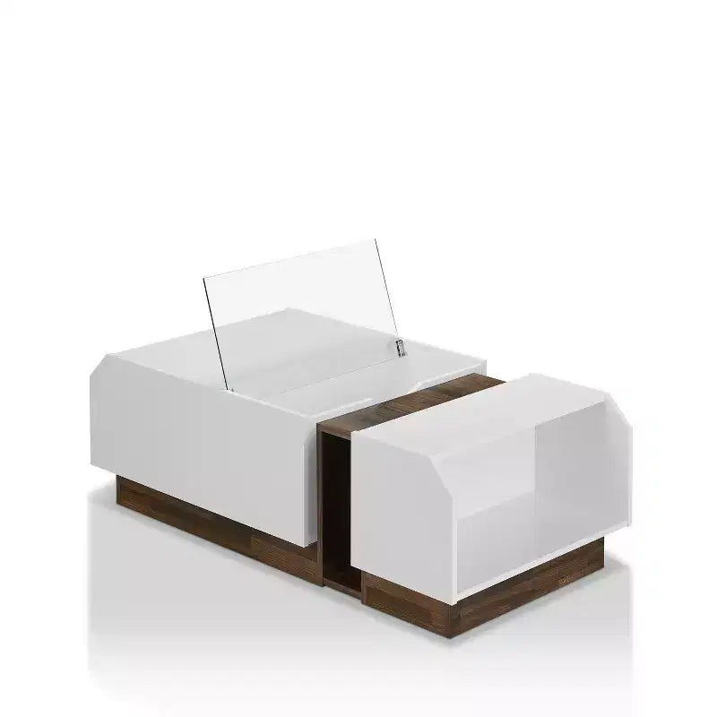 Tavolino da Caffè Moderno Bianco – Piano in Vetro, 2 Ripiani Aperti, Armadietto, 124 cm L