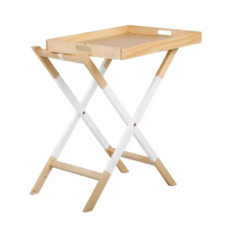 Tavolino rotondo pieghevole con vassoio – Marrone quercia e bianco, piano vassoio rimovibile, base a croce, nessun montaggio