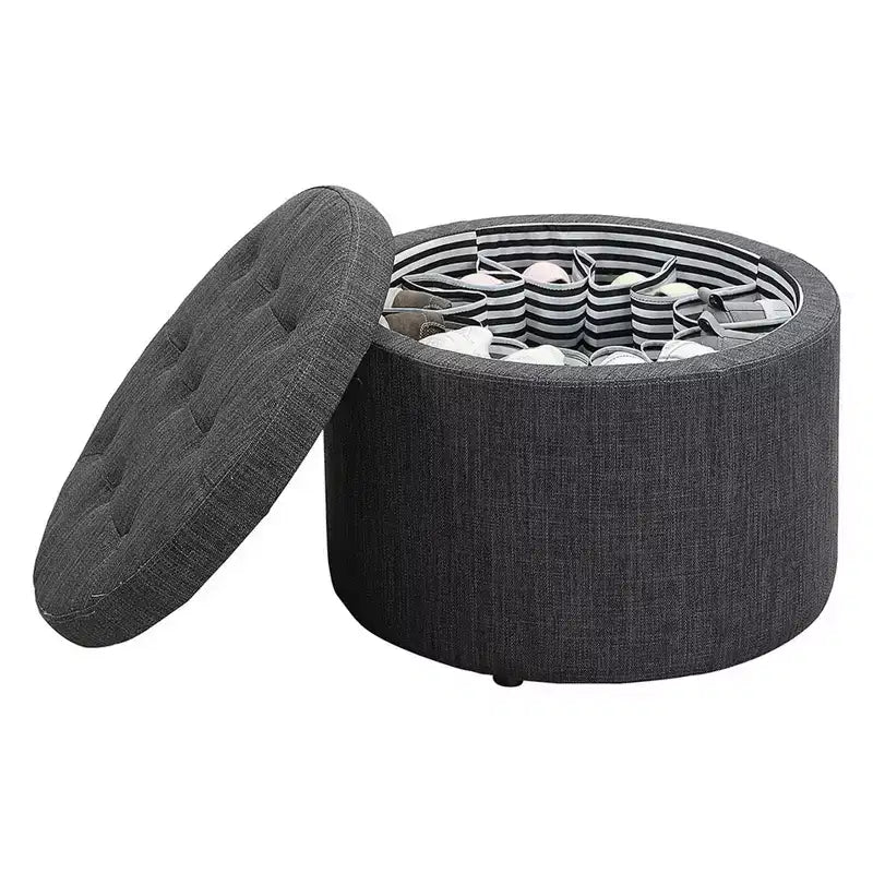 Pouf Contenitore Rotondo Trapuntato – Similpelle, Contiene 12 Paia di Scarpe, Capacità 90 kg