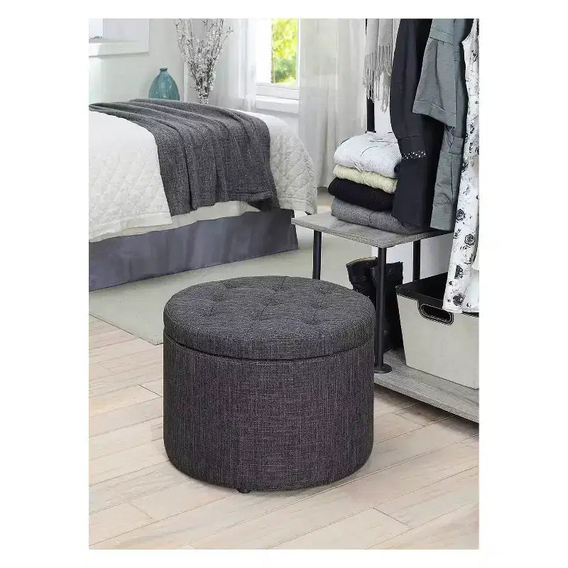 Pouf Contenitore Rotondo Trapuntato – Similpelle, Contiene 12 Paia di Scarpe, Capacità 90 kg