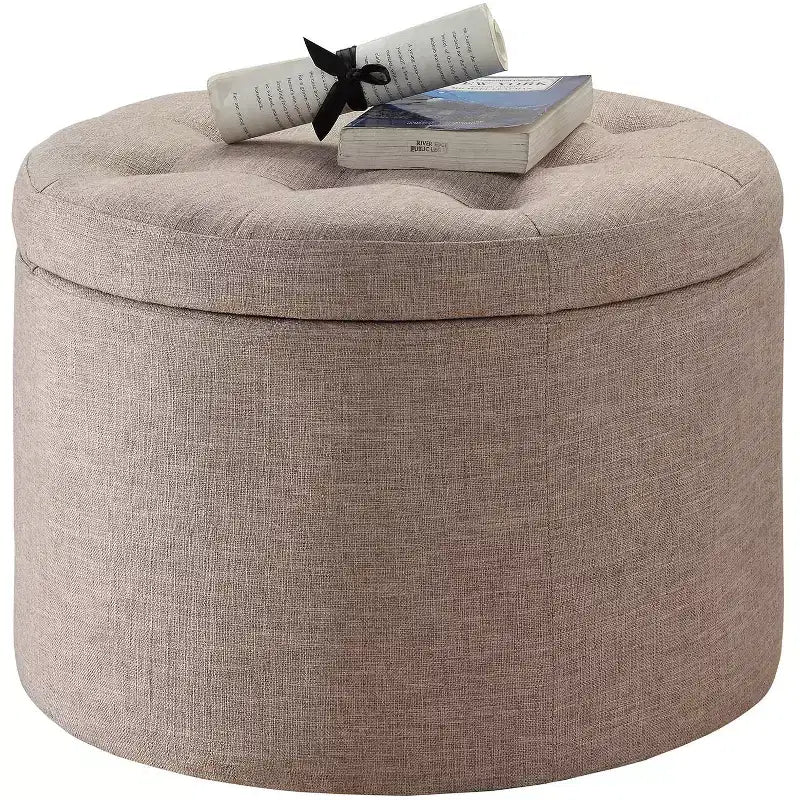 Pouf Contenitore Rotondo Trapuntato – Similpelle, Contiene 12 Paia di Scarpe, Capacità 90 kg