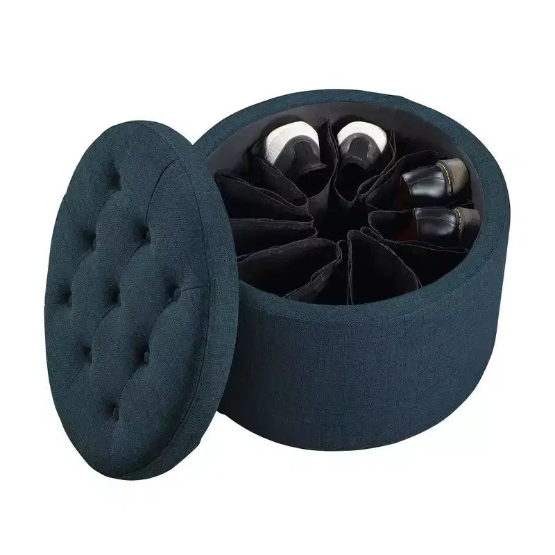 Pouf Contenitore Rotondo Trapuntato – Similpelle, Contiene 12 Paia di Scarpe, Capacità 90 kg