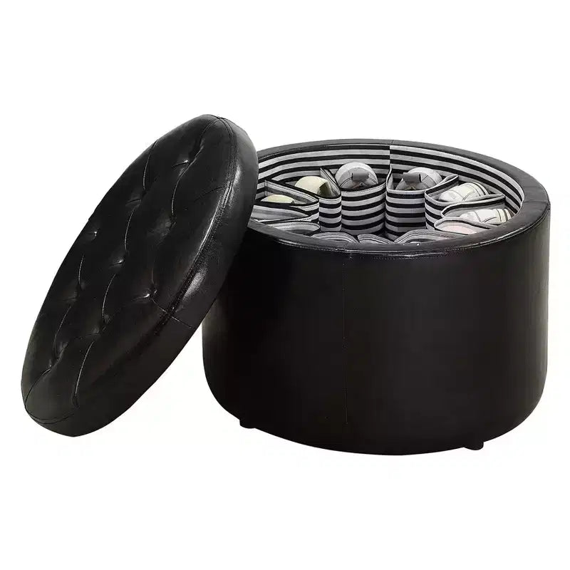 Pouf Contenitore Rotondo Trapuntato – Similpelle, Contiene 12 Paia di Scarpe, Capacità 90 kg