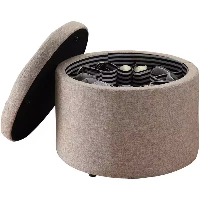 Pouf Contenitore Rotondo Trapuntato – Similpelle, Contiene 12 Paia di Scarpe, Capacità 90 kg