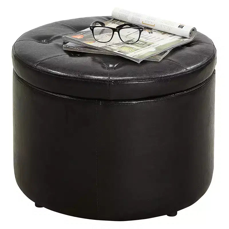 Pouf Contenitore Rotondo Trapuntato – Similpelle, Contiene 12 Paia di Scarpe, Capacità 90 kg