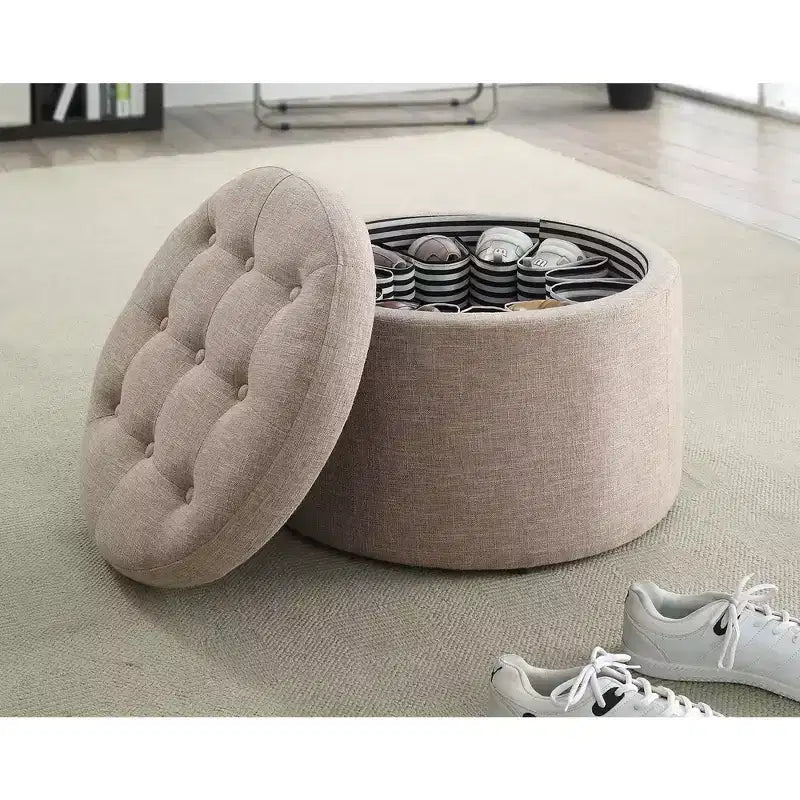 Pouf Contenitore Rotondo Trapuntato – Similpelle, Contiene 12 Paia di Scarpe, Capacità 90 kg