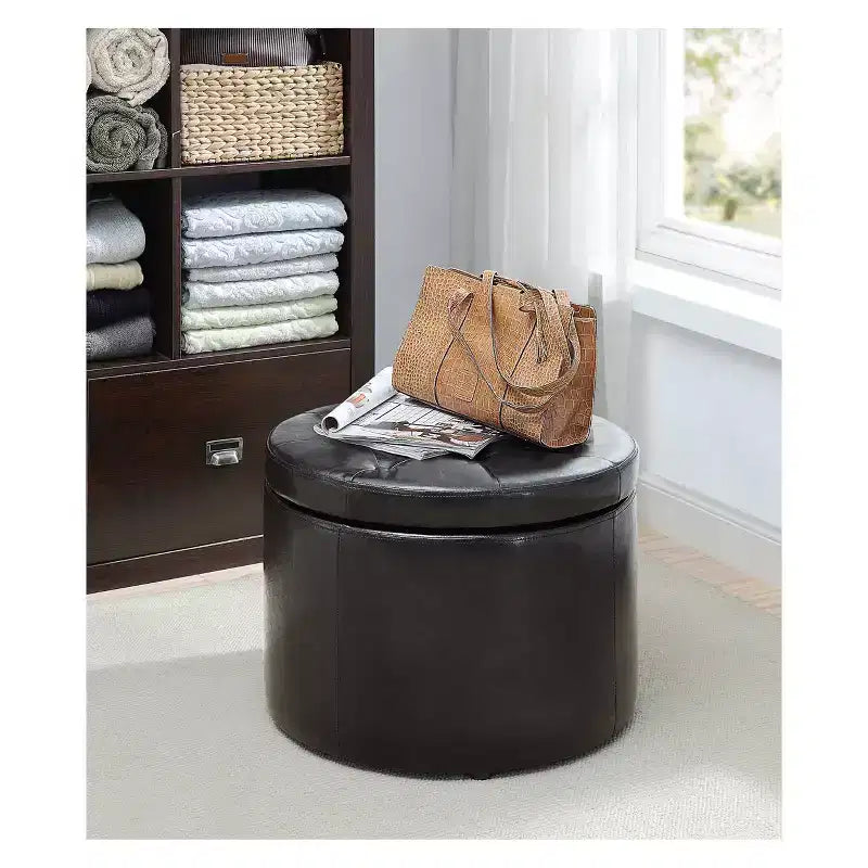 Pouf Contenitore Rotondo Trapuntato – Similpelle, Contiene 12 Paia di Scarpe, Capacità 90 kg