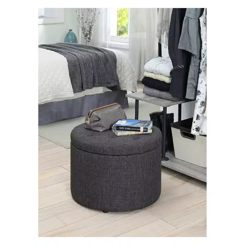 Pouf Contenitore Rotondo Trapuntato – Similpelle, Contiene 12 Paia di Scarpe, Capacità 90 kg